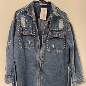 Denim distressed and studded jean shacket